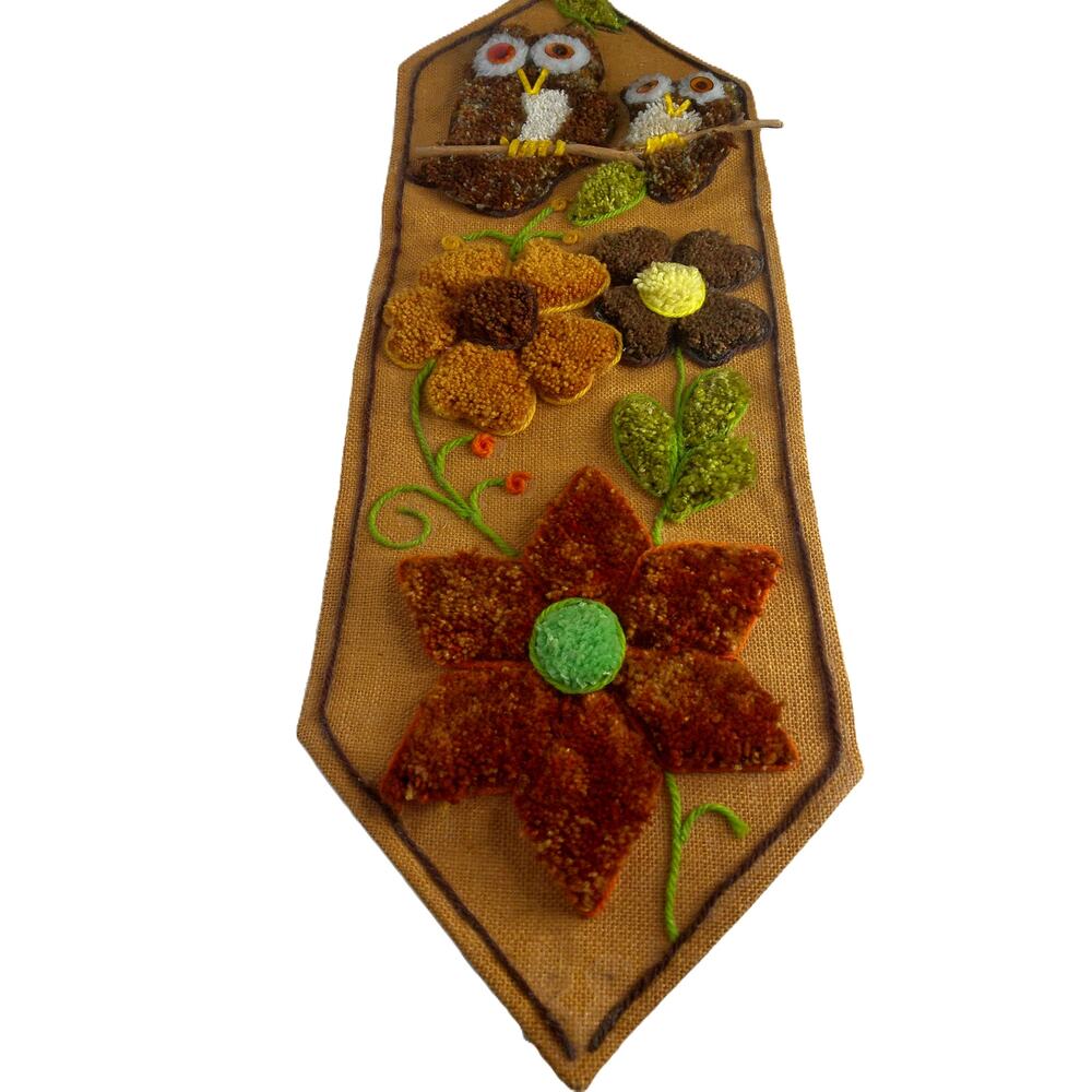 Vintage 70s Burlap Owl Wall Hanging MCM Latch Hook Flower Fiber Art